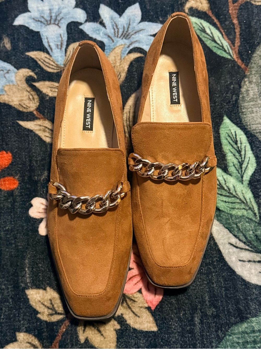 Nine West Men's Tan Suede Loafers with Gold Chain Accent